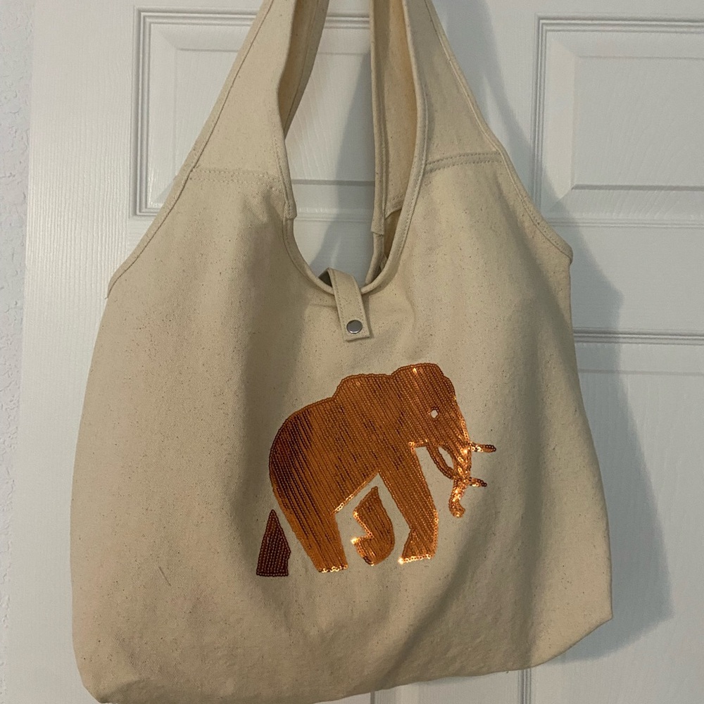 Banana Republic Tan Tote with Orange Elephant Design